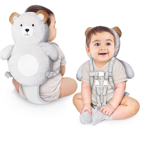 Little Family 100% Cotton Non-Toxic Hypoallergenic Baby Backpack Head Protection, Full Head Coverage, Baby Head Protection for Falling, Secure, Durable, Bear (Grey)