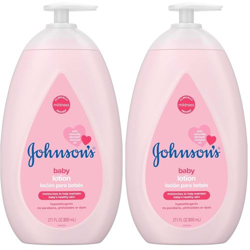 Johnson's Moisturizing Mild Pink Baby Lotion with Coconut Oil for Delicate Baby Skin, Paraben-, Phthalate- & Dye-Free, Hypoallergenic & Dermatologist-Tested, Baby Skin Care, 27.1 Fl. Oz (Pack of 2)