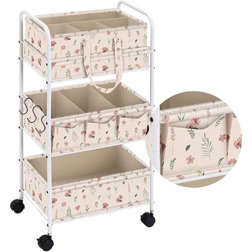 Yookeer 2in1 Baby Diaper Caddy Organizer Cart 3 Tier Large Capacity Metal Utility Bedside Rolling Cart with Divider Newborn Registry Gift Nursery Essential Must Have Bedroom Baby Shower(White,Flowers)