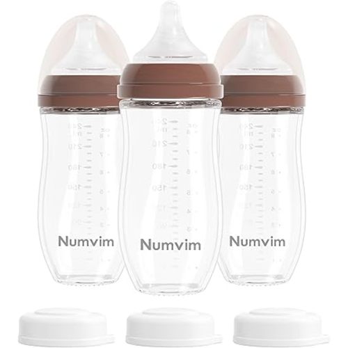 Glass Nurturing Baby Bottles for Breastfeeding Babies, Baby Essentials, Gentle Medium Flow, Wide Neck Bottle with Anti Colic Nipple for 3 Months Babies, 3 Packs (Brown, 8oz)