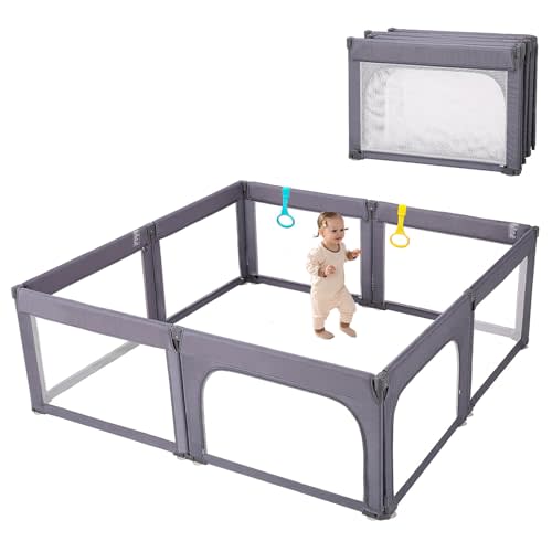 Doradotey Baby Playpen, Shape Adjustable Large & Small Playard for Toddlers, Foldable Playpen Baby Fence Indoors Play Center Yards, Breathable Mesh Anti-Fall Play Pens(71x79 Deep Grey)