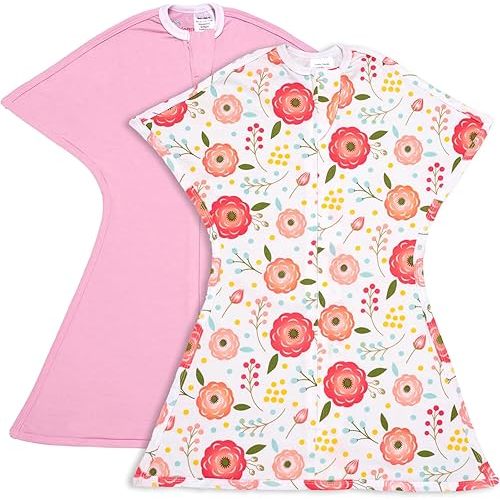SleepingBaby Zipadee-Zip Transition Swaddle - Baby Swaddling Blanket with Zipper Convenience - Roomy Baby Wearable Blanket for Easy Diaper Changes - Pink Poppy, Medium (6-12 Month) - 2 Pack