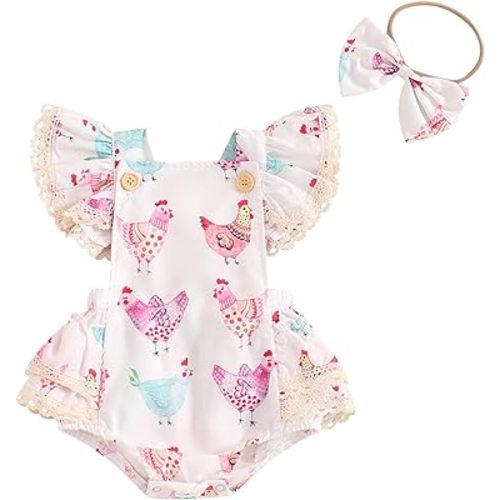 Karuedoo Newborn Baby Girl Farm Outfit Chicken Print Ruffle Sleeveless Romper Jumpsuit Bodysuit with Headband Country Clothes
