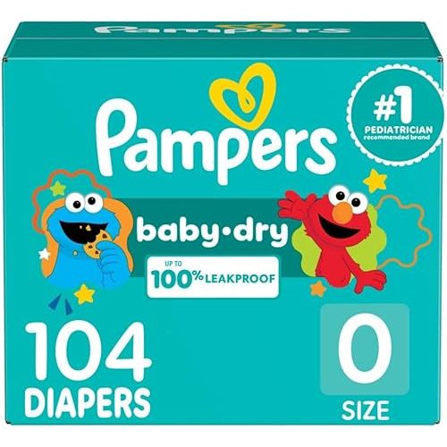 Pampers Diapers - Baby Dry - Size 0, 104 Count, Absorbent Disposable Newbort Diaper (Packaging May Vary)