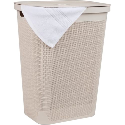 Mind Reader 60L Slim Laundry Hamper, Clothes Basket, Lid, Linen Design, Plastic, 18.25”L x 14.25”W x 23.5”H, Ivory