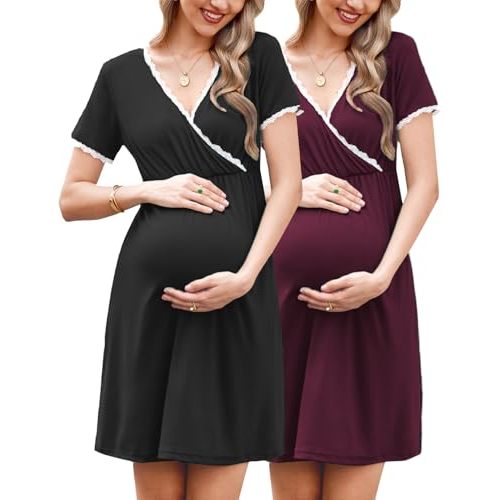 Ekouaer Nursing Nightgown 2 Packs Delivery and Labor Gown for Hospital Short Sleeve Maternity Breastfeeding Dress