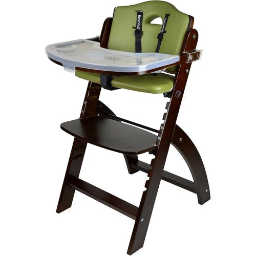 Abiie Beyond Junior Wooden High Chair with Tray - Convertible Baby Highchair - Adjustable High Chair for Babies/Toddlers/6 Months up to 250 Lbs - Stain & Water Resistant Mahogany Wood/Olive Cushion