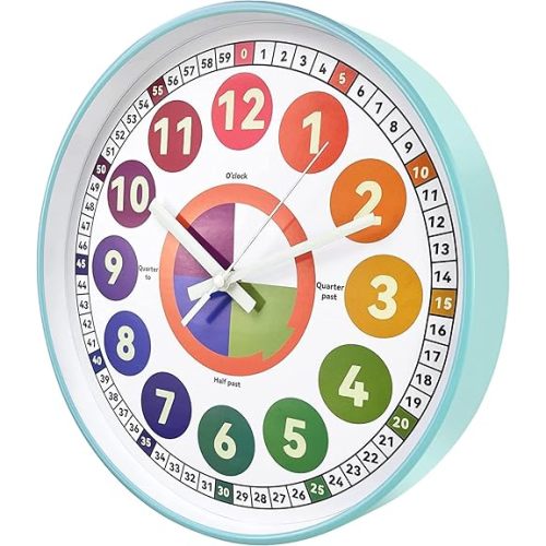 Learning Clock for kids, Glow in The Dark Wall Clock for Bedroom, 12 Inch Silent Night Light Kids Wall Clock, Colorful Illuminated Telling Time Teaching Clock,Kids Room Decor (Illuminated Ice Blue)