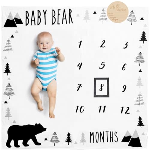 Organic Baby Monthly Milestone Blanket Boy - Baby Bear Months Blanket with Month Marker Frame and Newborn Announcement Disc - Growth Age Blanket for 1-12 Months Milestones, Woodland, 47”x47”