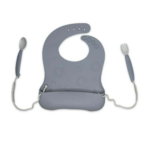 Busy Baby Silicone Toddler and Baby Bib with Food Catcher, Utensils and Utensil Straps, Unisex, Pewter