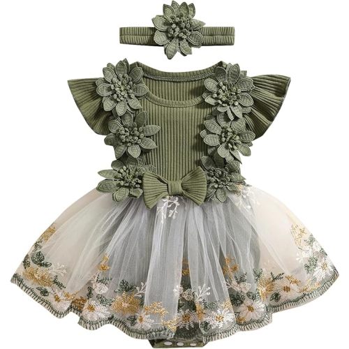 Embroidery Mesh Tulle Skirt Hem Ribbed Bodysuit  (Floral Green, 0-3 Months)