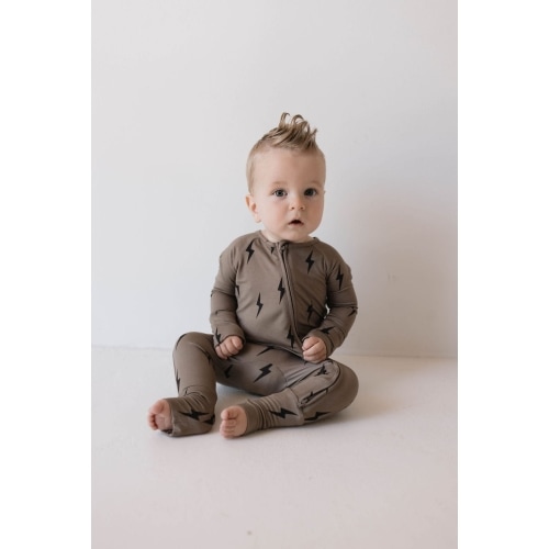 Bamboo Zip Pajamas | Brown & Black Lightning Bolt