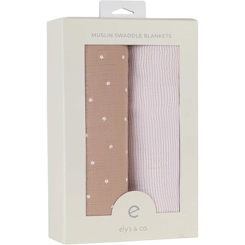 Ely's & Co. Muslin Swaddle Blanket 2-Pack — 100% Cotton Muslin Extra-Large Swaddle Blankets (47” x 47”) White Tulip on Pink + Stripes