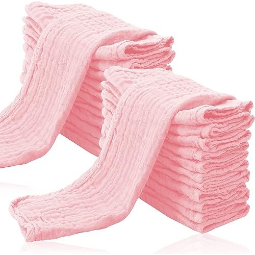 24 Pack Muslin Burp Cloths for Baby - Ultra-Soft 100% Cotton Baby Washcloths - Large 20'' by 10'' Super Absorbent Milk Spit Up Rags - Burpy Cloths for Unisex, Boy, Girl - Pink