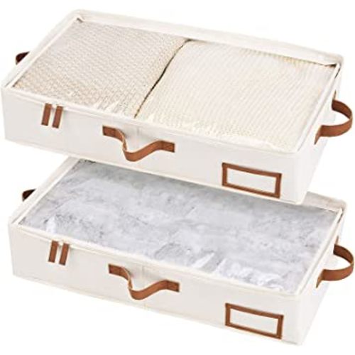 StorageWorks Underbed Storage Box, Under Bed Clothes Organizer With Sturdy Structure and Ultra Thick Fabric, Ivory White, Medium, 2 pack