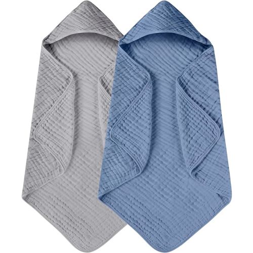 Yoofoss Hooded Baby Towels for Newborn 2 Pack 100% Muslin Organic Cotton Baby Bath Towel with Hood for Babies, Infant, Toddler and Kids, 32x32Inch, Soft and Absorbent Newborn Essential,Grey& Dark Blue