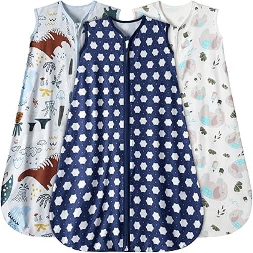 Baby Sleep Sack 0-6 Months 3 Pack Baby Wearable Blanket 100% Rayon Cotton 2-Way Zipper Toddler Sleeping Sack .Comfy Soft Lightweight TOG 0.3 (Elephant&Dinosaur&Hexagon,)