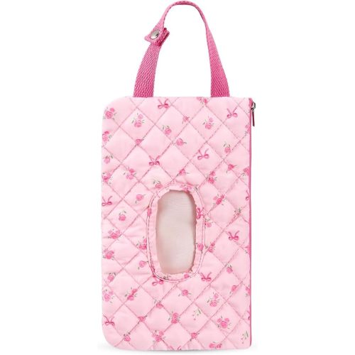 Quilted Baby Diaper Wipe Pouch Cute Portable Mommy Bag for Stroller Reusable Wipes Pouch with Lanyard for Casual Travel (Pink Bow Flower)