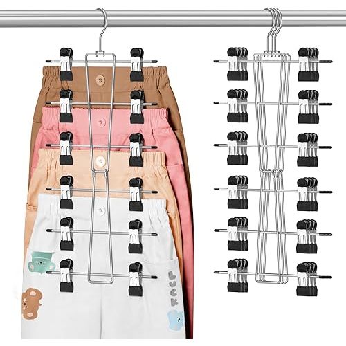 DOIOWN 6-Tier Baby Hangers with Clips - Space Saving Kids Pants Hangers for Babies & Kids Pant,Skirt,Clothe,Adjustable Stainless Steel Toddler Clothes Hanger for Newborn Children Closet Organization