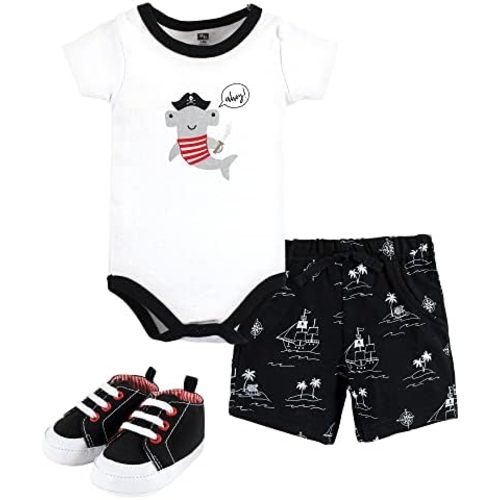 Hudson Baby Unisex Baby Cotton Bodysuit, Shorts and Shoe Set