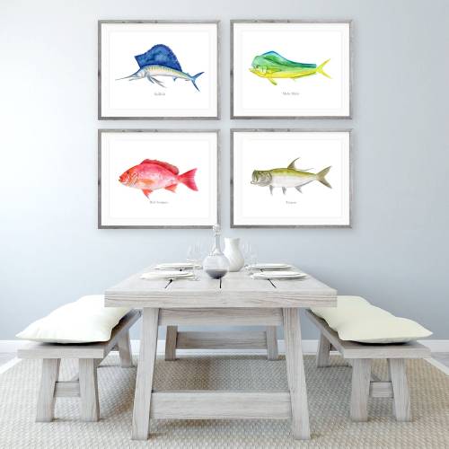 Fish Decor, Fishing Art Print Set of 4 Fish Prints, Deep Sea Fishing Watercolors, Gift for Him, Ocean Decor, Beach House Wall Art