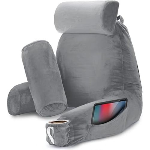 Nestl Reading Pillow with Shredded Memory Foam Includes 2 Neck and Lumber Support Pillows, Designed for Sitting Up in Bed and Couch, Back and Arms Adjustable Support for Adult & Teens, Grey