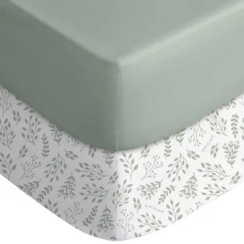 Yoofoss Pack and Play Sheets Fitted, Mini Crib Sheets 2-Pack for Pack N Play Mattress, Stretchy Playard Sheet, Soft and Breathable Green + Leaf