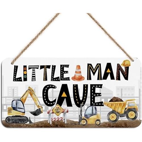 Little Man Cave Sign for Boys Construction Trucks Wooden Door Wall Hanging Nursery Decor Rustic Baby Room Toddler Boy Gamer Decor