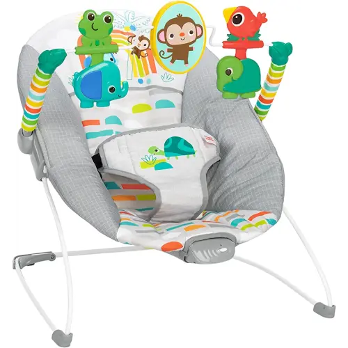 Bright Starts Playful Paradise Comfy Baby Bouncer Seat with Soothing Vibration and Toys, Unisex, 0-6 Months