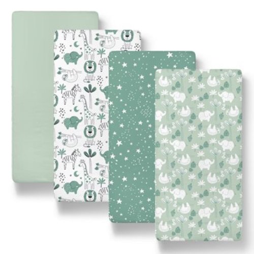 The Peanutshell Green Safari Bassinet Sheets for Newborn Baby Girl or Baby Boy, 4 Pack Set