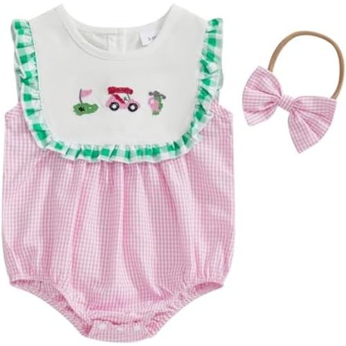Baby Girl Golf Outfit Golf Embroidered Sleeveless Ruffle Romper Plaid Bodysuit Cute Newborn Baby Girl Summer Clothes