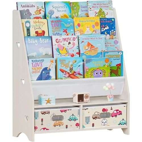 Lerliuo 5 Tier Kids Bookshelf, Beige Children Sling Book Shelf with 2 Drawers, Baby Toddler Wooden Bookcase and Book Rack, Display Shelves Storage Organizer for Classroom, Playroom, Bedroom, Nursery