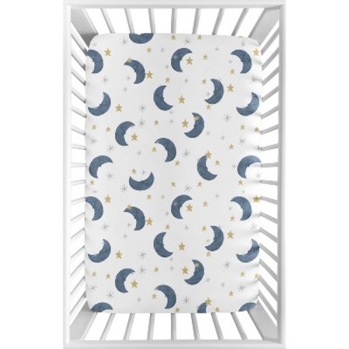 Sweet Jojo Designs Boy or Girl Gender Neutral Unisex Baby Fitted Mini Crib Sheet Bear and Moon Blue Gold and Grey