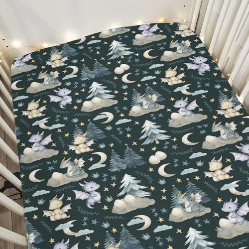 Fairytale Dragons Baby Crib Sheets for Boy Girl 28"x52" Cute Dragon Moon Stars Clouds Trees Eggs Soft Snug Fitted Crib Mattress Cover Fantasy Animal Baby Sheet for Standard Crib & Toddler Mattress