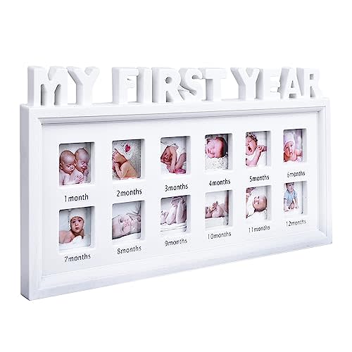 MICKYU My First Year Picture Frames Newborn Essentials Must Haves Personalized Baby Shower Gifts for New Mom (White)