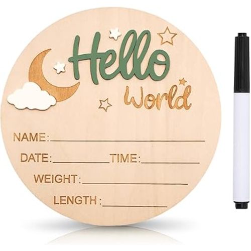 Baby Announcement Sign, 5.9 Inch Wooden Hello World Newborn Signs, Birth Announcement Sign and Pen, Moon and White Cloud Decoration, Welcome Newborn Arrival to World, Hospital Nursery for baby (Green)