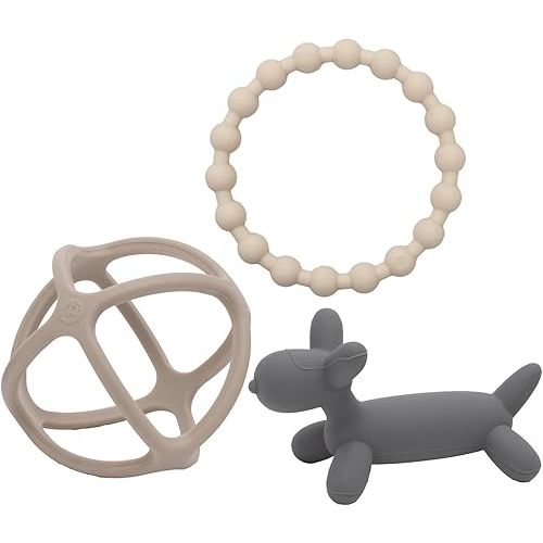 WeeSprout Silicone Baby Teether Toys for Infant Babies and Toddlers, Cute Ring, Puppy Dog, and Ball, Soft and Flexible, BPA Free, Boys and Girls (Matte Dark Gray, Tan & Off White)