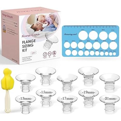 Flange Sizing Kit 3 in 1 Ultimate with 10PCS Flange Inserts 13/15/17/19/21mm, Nipple Ruler, Cleaning Brush, Silicone Flange Insert Kit for 24mm Most Pumps, Pumping Breastfeeding Essentials
