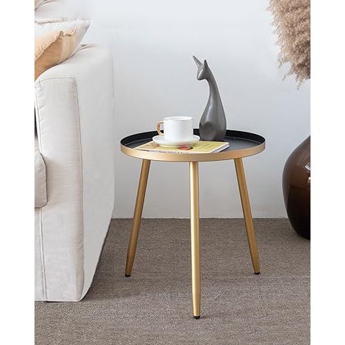 AOJEZOR Side Table: End Table for Any Room - Round Side Tables for Small Spaces - Black Top with 3 Gold Legged