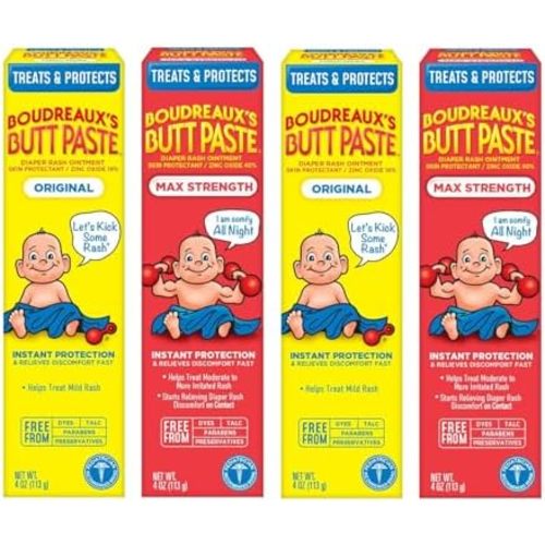Boudreaux’s Butt Paste Diaper Rash Ointment, Baby Rash Cream Skin Protectant, Fast Relief, Soothing Barrier Cream, Original, Maximum Strength, 4 Ounce Tube (Variety Pack of 4)