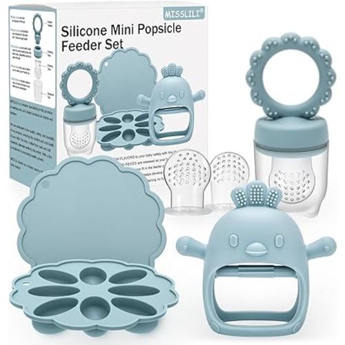 3 Pack Silicone Teething Mitten for Babies with Baby Fruit Food Feeder & Freezer Tray Set, BPA Free Infant Teething Relief Toy for 3 Month+, Additional Silicone Sacs