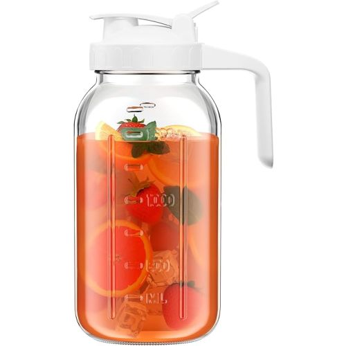 64 oz Glass Pitcher with Lid, Large Wide Mouth Mason Jar with Pour Spout, White Sun Tea Glass Jar for Outside, Breastmilk Pitcher Great for Drink, Cold Beverages and Breast Milk