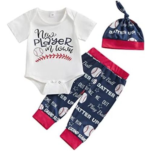 Chloefairy Newborn Baby Boy Baseball Outfit New Player in Town Romper Baseball Jogger Pants 3Pcs Coming Home Outfit