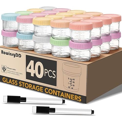 40 Pack Glass Baby Food Storage Containers, 4 oz Leakproof Baby Food Jars with Lids, Small Glass Food Containers for Infant Baby Food, Freezer & Microwave Safe, BPA Free