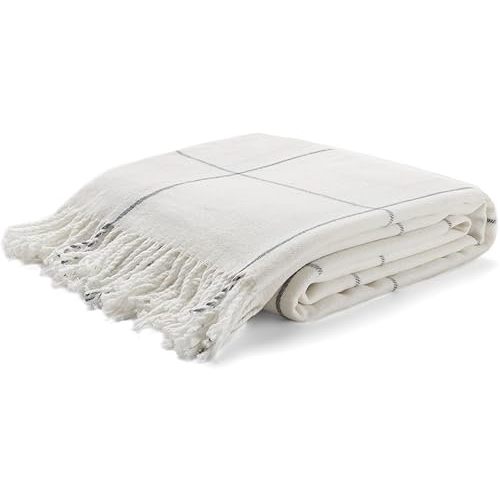 Arus Acrylic Highlands Collection Queen Size Tartan Plaid Design Throw Blanket Off-White, 60x80 inches