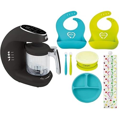 EVLA'S Baby Food Maker, Food Processor, Blender, Grinder, Steamer for Healthy, Homemade Food with 6 Reusable Pouches and Baby Feeding Set, Dark Gray & Turquoise