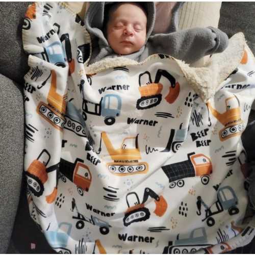 Personalized Kids Construction Blanket with Name, Soft Minky or Sherpa Baby Blanket, Cozy Custom Birthday Gift for Boys