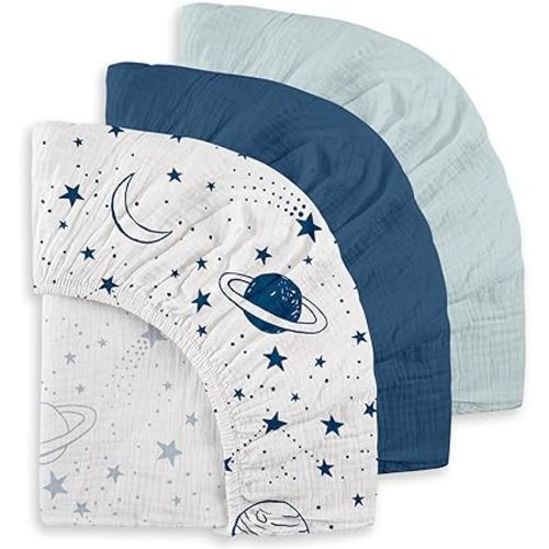 Gllquen Baby Muslin Mini Crib Sheets 3 Pack, Breathable Pack and Play Sheets Fitted Soft Cozy Cotton Pack N Play Sheets for Baby Boy Girls, Universal Fitted Mini Crib Mattresses 38"X26" (Blue)
