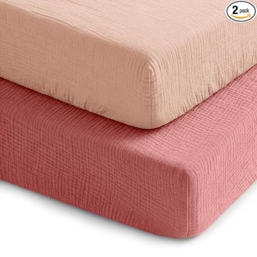 Comfy Cubs 100% Muslin Crib Fitted Sheet 2 Pack, Dusty Rose and Blush - 100% Cotton, Soft & Breathable Crib Sheets for Toddler Mattress - Snug Fit, Secure Elastic with Beautiful Packaging