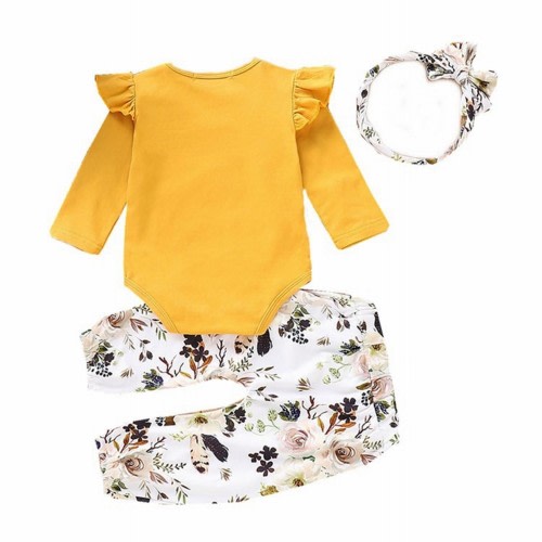 GEZHEN Party Bodysuit for Kids 3PCS Kid Baby Girl Clothes Shirt Romper Pants Headband Floral Outfit Set For 0 to 18 Months